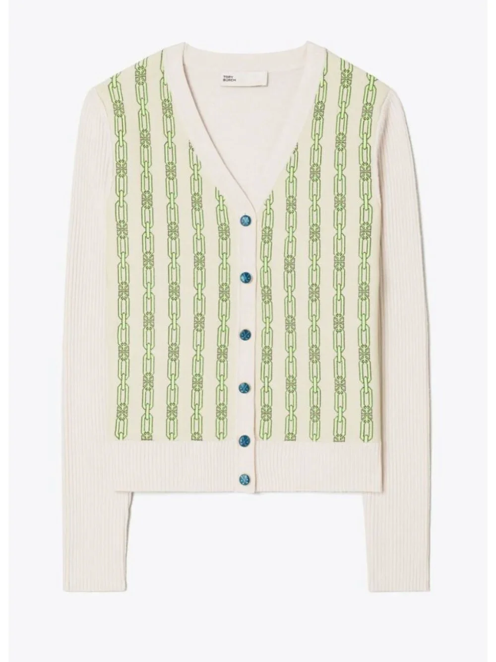 Tory Burch merino jacquard-front cardigan sweater beige green size small